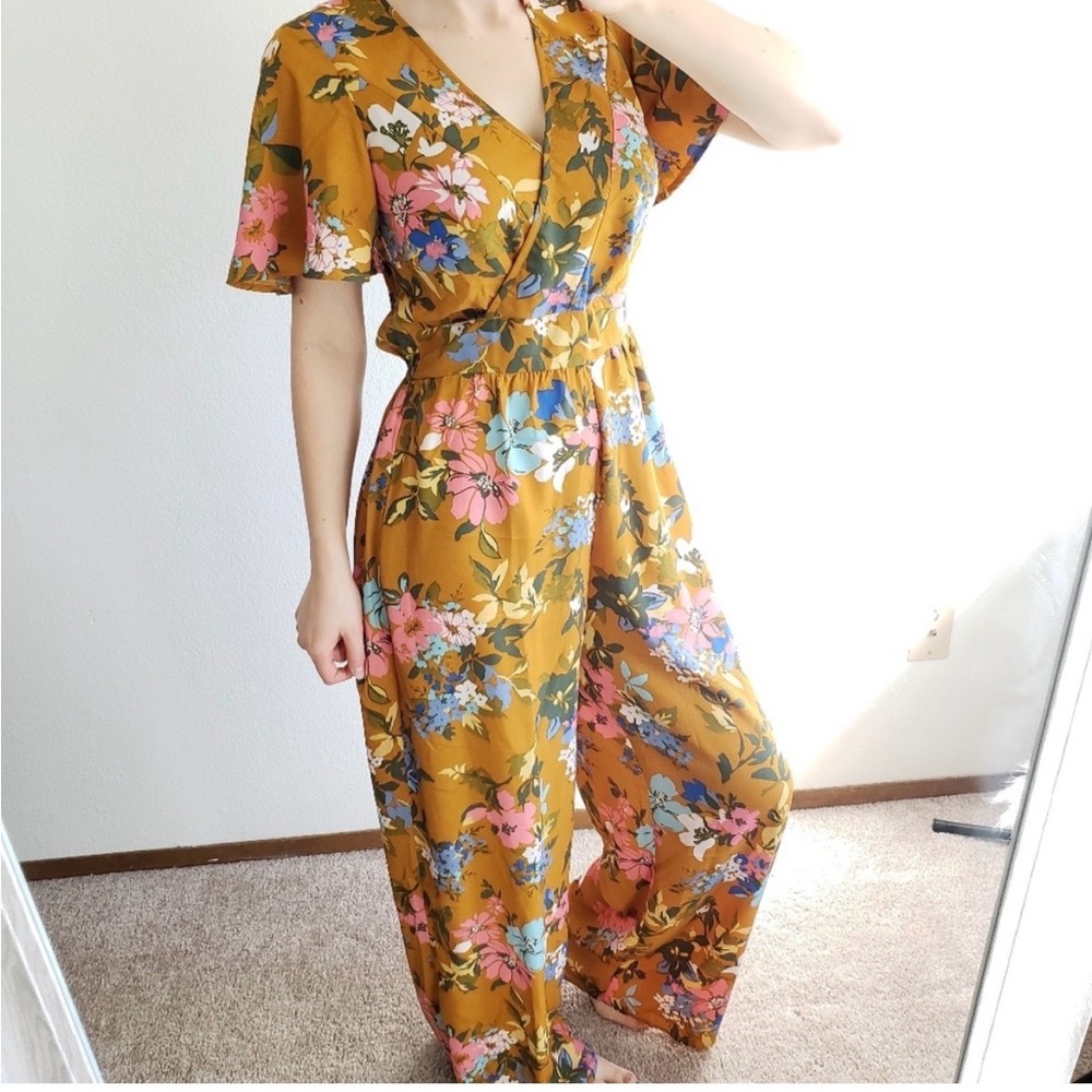 Band of Gypsies Mustard Floral Wrap Jumpsuit - Picture 2 of 5